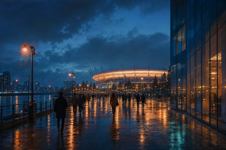 Illustration of people walking from a lit stadium along a wet waterfront street at blue hour