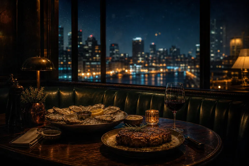 Illustration of a steak and oysters on a dark wood table by a window over night city lights