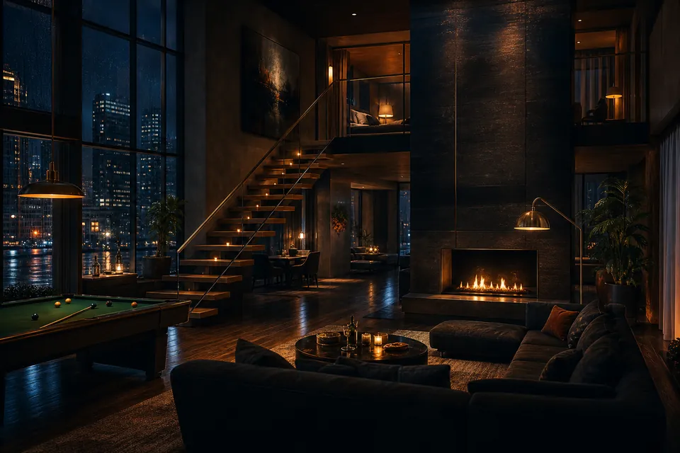 Illustration of a moody two-level suite with a pool table and a floating staircase