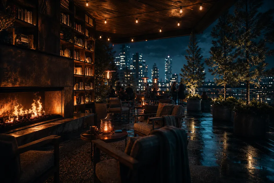 Illustration of a rooftop lounge with a long fireplace, bookshelves and a patio among pines