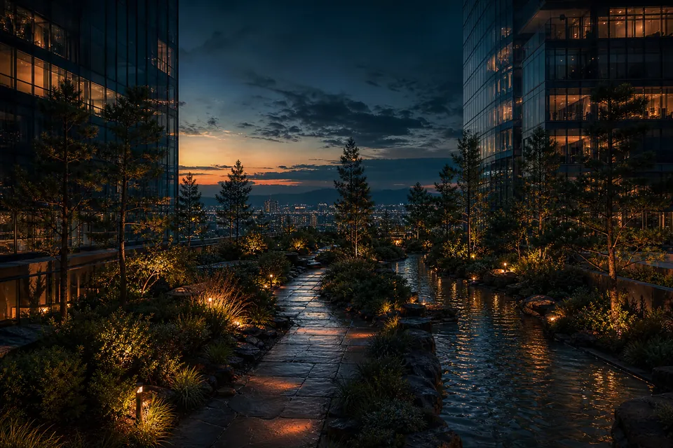 Illustration of a rooftop garden with young pines, a stone path and a narrow water channel between glass towers at dusk