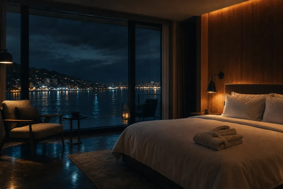 Illustration of a dark, calm hotel bedroom with a wall of glass over city lights on water