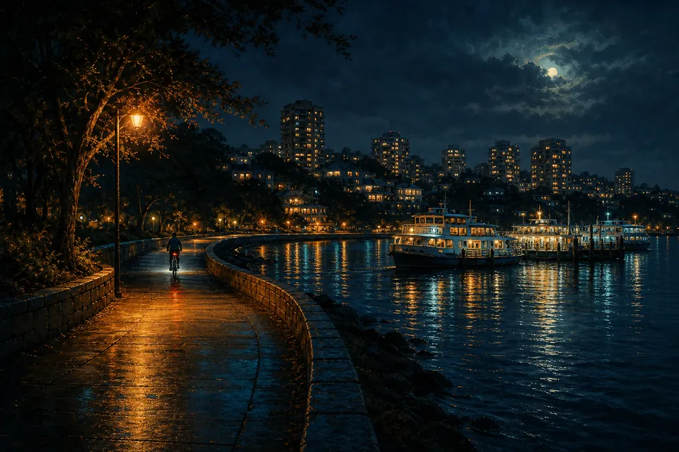 Illustration of a curving seawall path beside calm water at night, towers glowing on the far shore