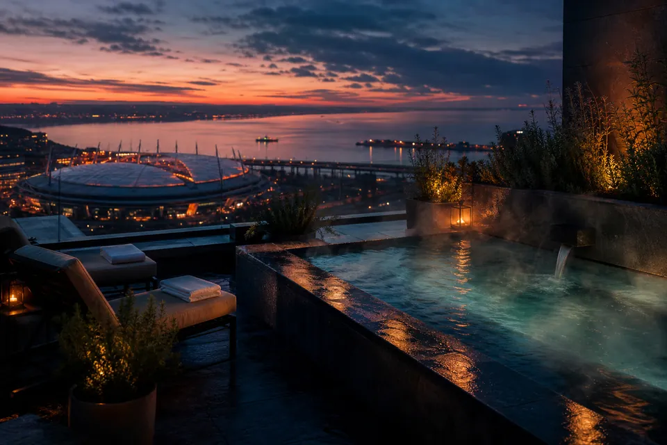 Illustration of an open-air rooftop hot tub with steam, two loungers and a stadium roof far below